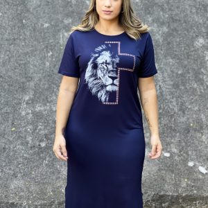 Vestido Reto- Leão em silk e pedraria